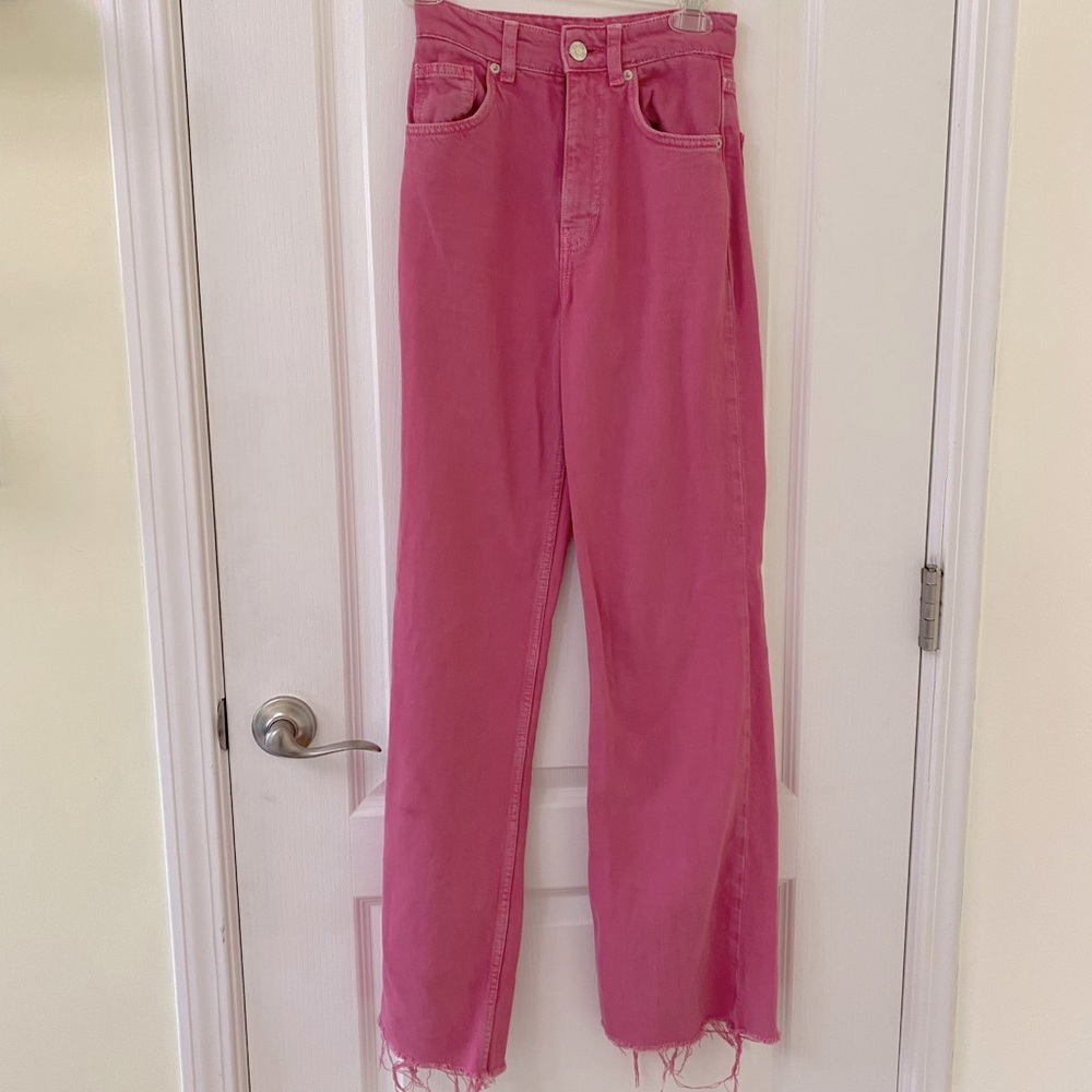Zara bright pink wide leg jeans.  Women size 0 unfinished pant legs